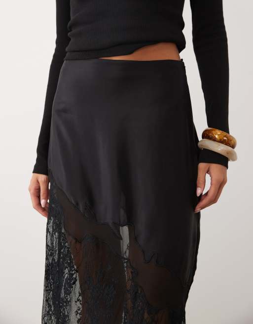 ASOS DESIGN maxikjol i satin med spetskant i svart, 3 av 5