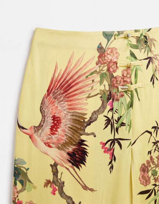 ASOS DESIGN maxikjol med mandarin-detalj, set med slits och gul blommig print, 9 av 9