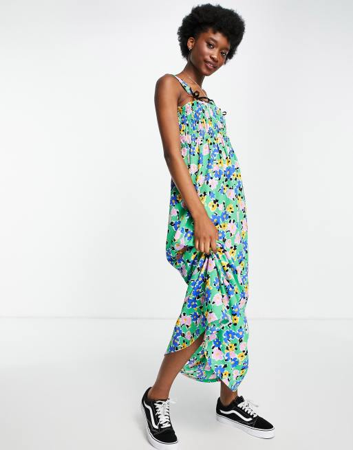 ASOS DESIGN - Maxikjole i blåt blomstermønster med bindebånd og rynket bryst