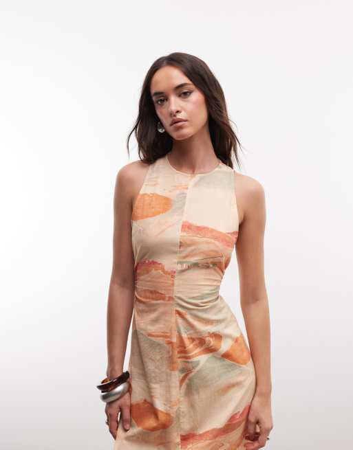 ASOS DESIGN - Maxikjole i bomuld med indsyet talje og solnedgangsprint samt hørlook, 3 af 4