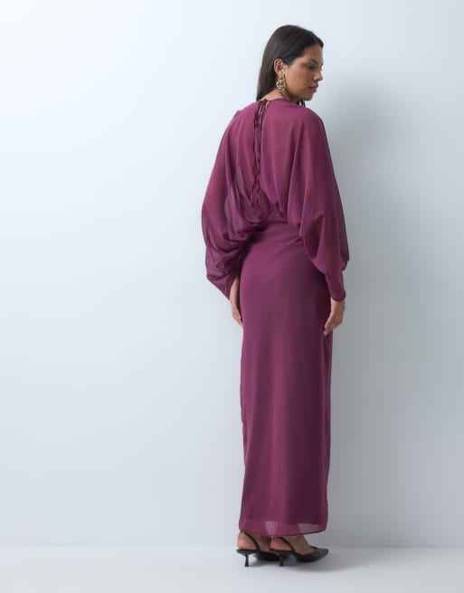 ASOS DESIGN maxikjole i chiffon med flagermusærmer og lange ærmer i lilla, 4 af 4