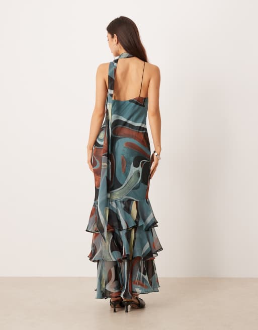 ASOS DESIGN - Maxikjole i chiffon med halterneck og tørklædedetalje samt abstrakt blåt mønster, 3 af 4