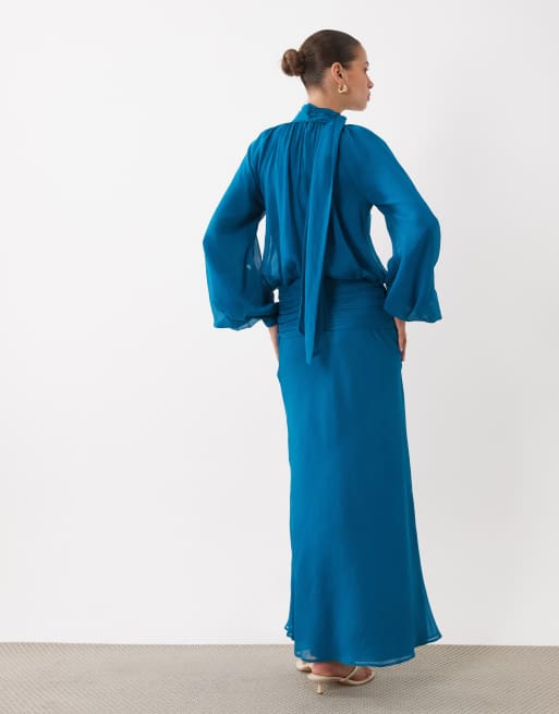 ASOS DESIGN maxikjole i chiffon med høj hals og drapering samt halsbindebånd i teal, 4 af 4