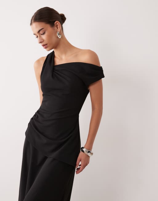 ASOS DESIGN maxikjole i crepe med sænkede skuldre og rynket nederdel i sort, 4 af 4