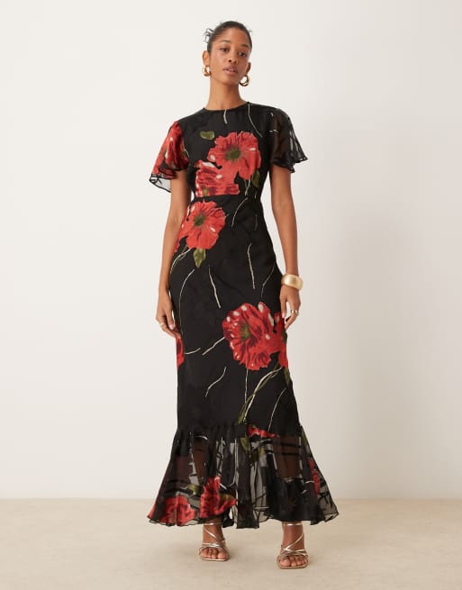 ASOS DESIGN - Maxikjole i devoré med lag-på-lag flæser og flagrende ærmer og markant blomsterprint