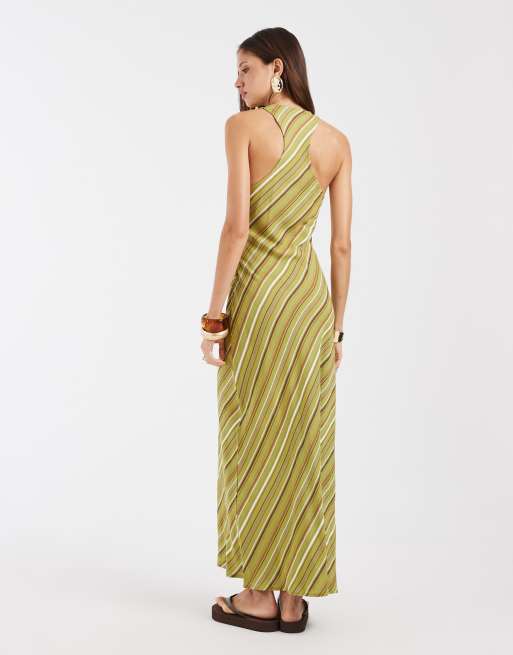 ASOS DESIGN maxikjole i hørblanding med dyb rund hals og grønne striber, 4 af 4
