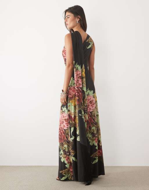 ASOS DESIGN maxikjole i kolonnefasong med blomsterprint og slinky-effekt med tørklædefrynser i sort, 2 af 4