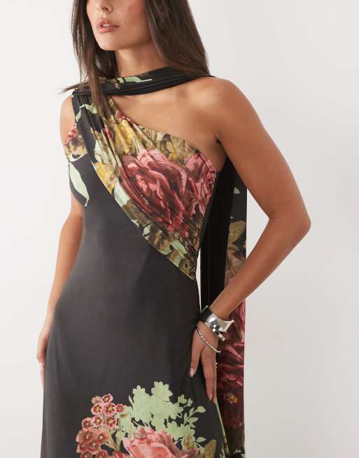 ASOS DESIGN maxikjole i kolonnefasong med blomsterprint og slinky-effekt med tørklædefrynser i sort, 3 af 4