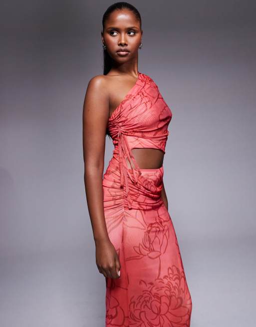 ASOS DESIGN - Maxikjole i mesh med blomsterprint og rynket overdel samt oneshoulder-design, 2 af 4
