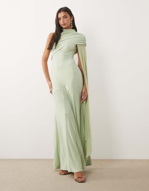 ASOS DESIGN maxikjole i mesh med cape-overlay og godets i salviegrøn, 2 af 4