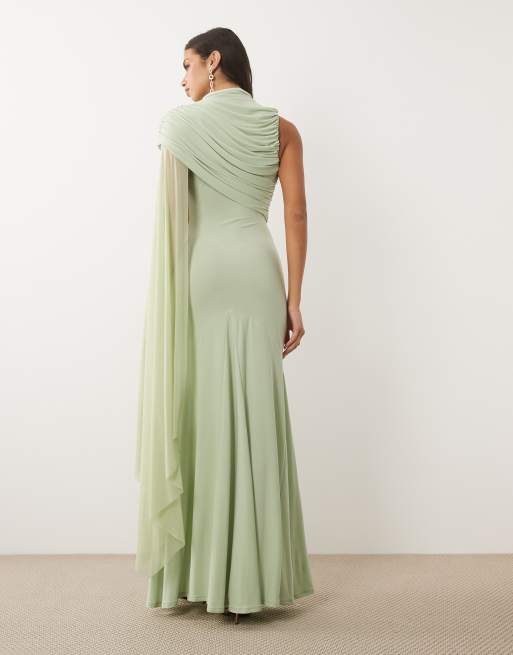 ASOS DESIGN maxikjole i mesh med cape-overlay og godets i salviegrøn, 4 af 4