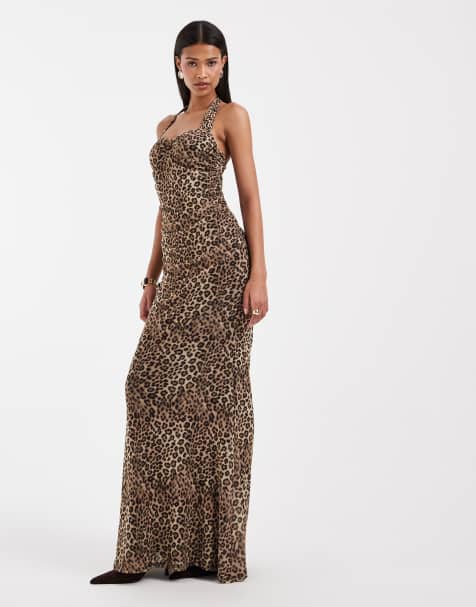 ASOS DESIGN - Maxikjole i mesh med hjerteformet halterneck og brunt leopardprint - view 1