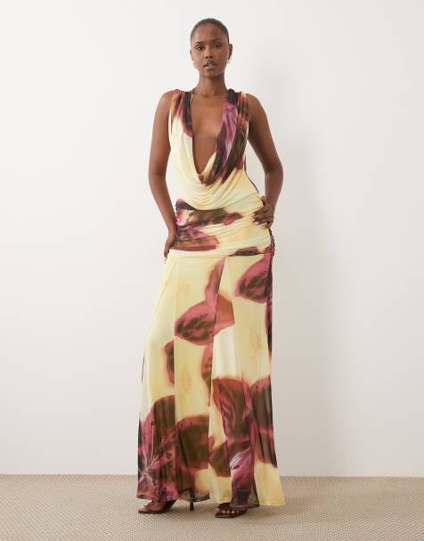 ASOS DESIGN maxikjole i mesh med print, dyb udskæring og oversized blomster - view 1