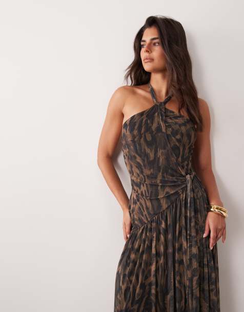 ASOS DESIGN maxikjole i mesh med print, halterneck og knudedetalje med bindebåndsdetalje i dyreprint - view 1