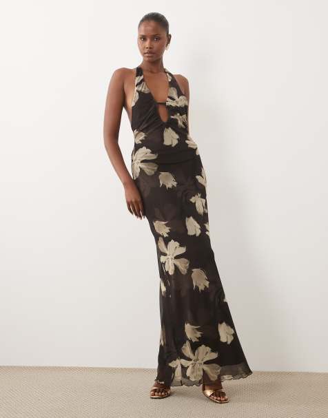 ASOS DESIGN maxikjole i mesh med print og tørklædedetalje i brun blomsterprint - view 1