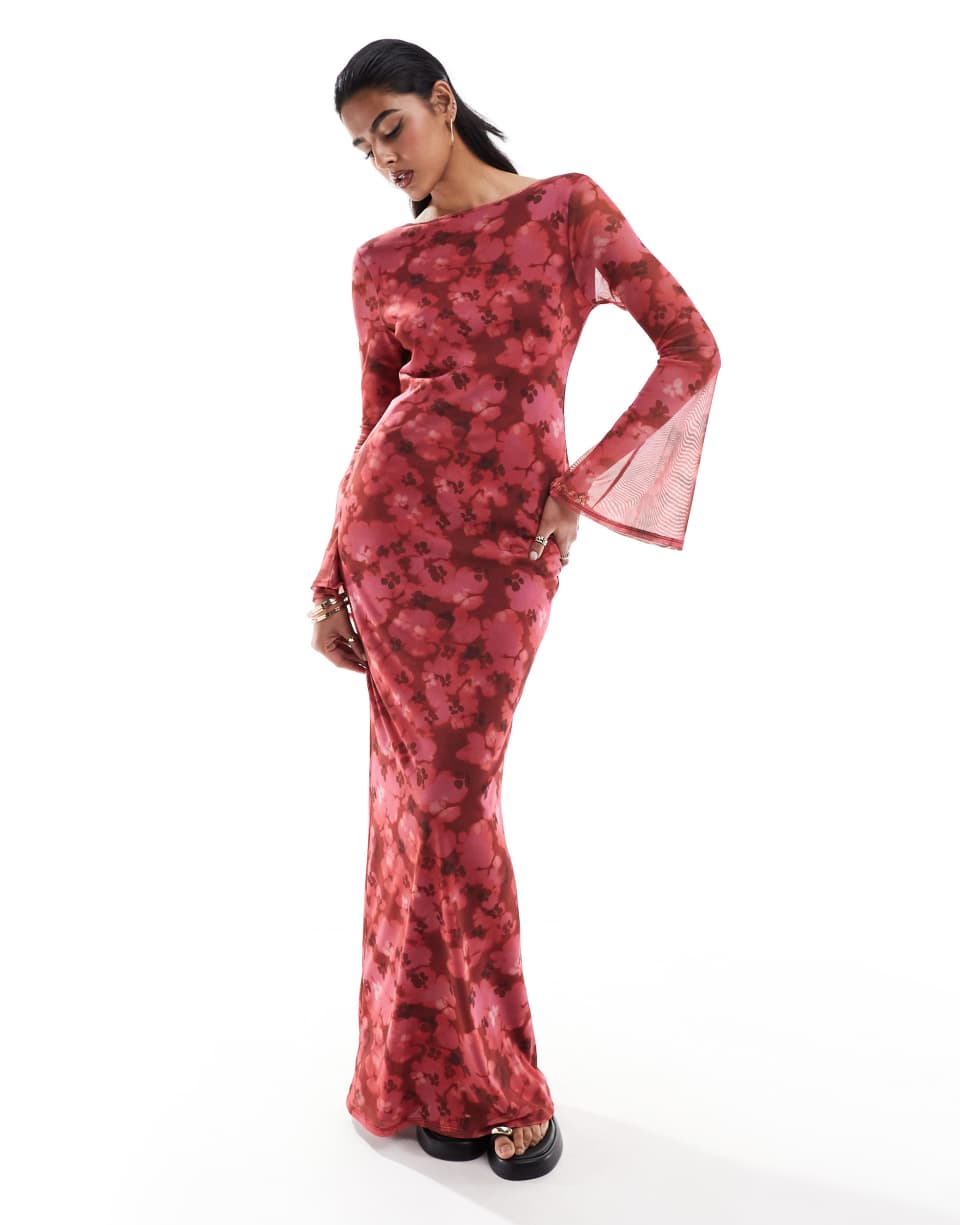 Red Floral Mesh Maxi Dress