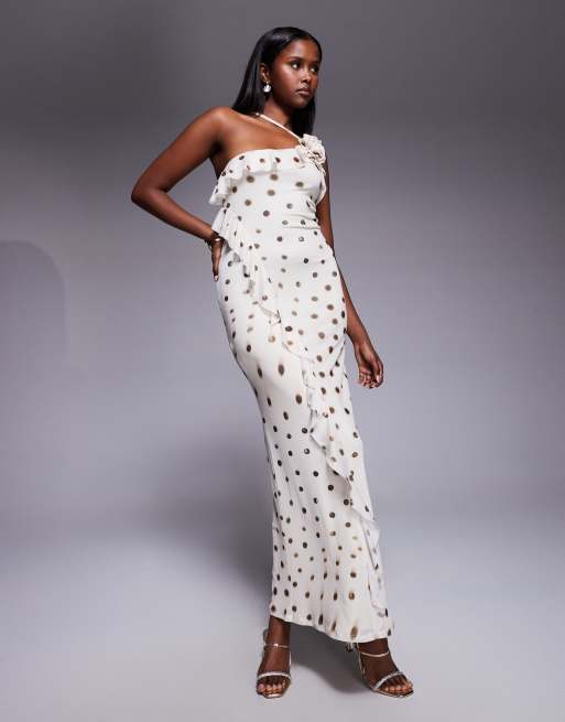 ASOS DESIGN - Maxikjole i mesh med slørret og prikket print og flæser samt korsage, 3 af 4