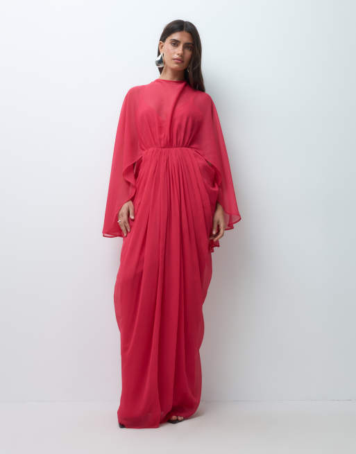 ASOS DESIGN maxikjole i pink med draperet kappeoverdel, nederdel, åben ryg og kvastedetaljer, 2 af 5