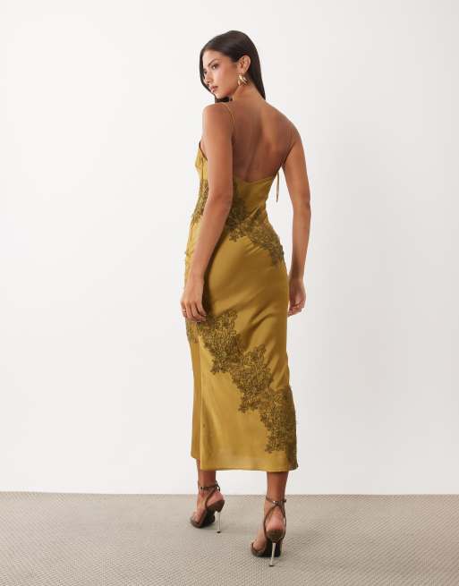 ASOS DESIGN maxikjole i satin med blondeapplikation i olivengrøn, 2 af 4
