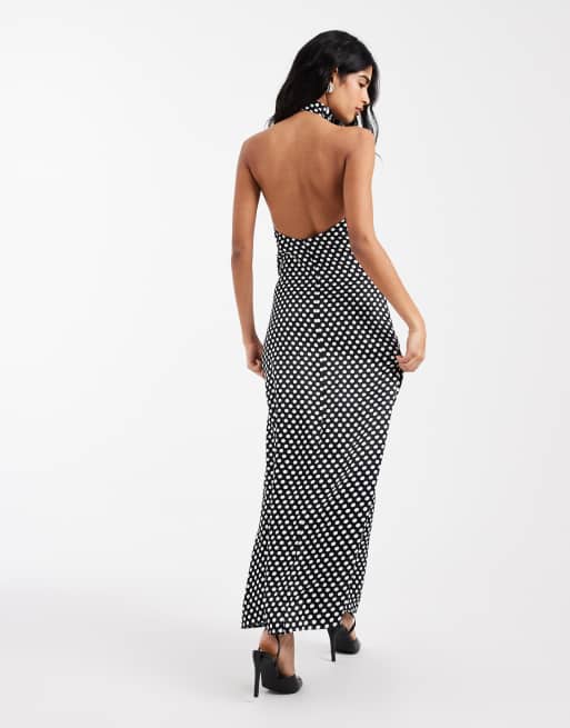 ASOS DESIGN - Maxikjole i satin med halterneck og lav ryg samt polkaprikker, 3 af 4