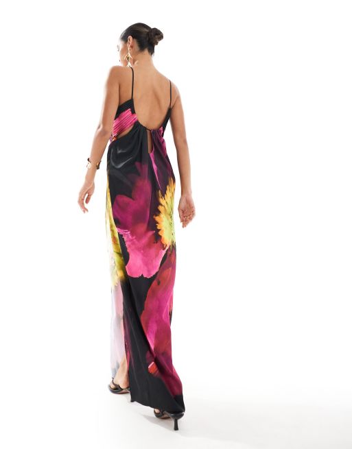 ASOS DESIGN - Maxikjole i satin med print, nøglehulsudskæring og abstrakt blomstermønster, 2 af 4