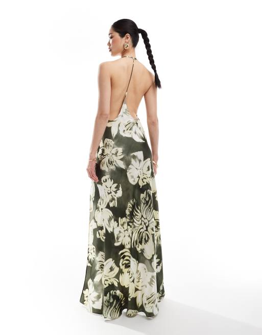 ASOS DESIGN - Maxikjole i satin med stort blomstermønster, rygstropper, lårslids og dyb udskæring 