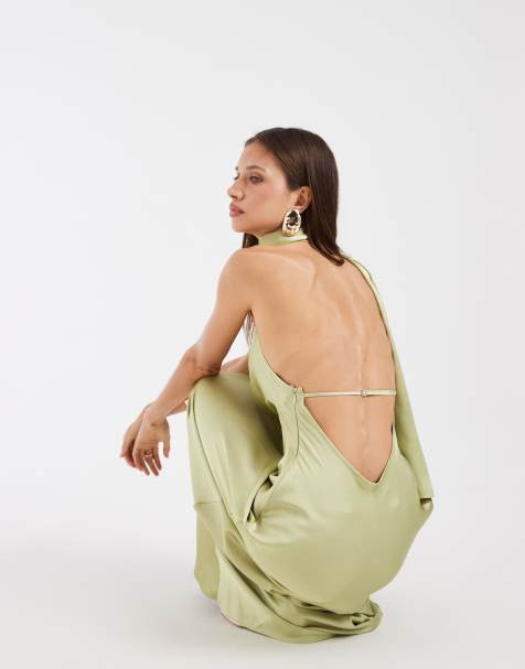 ASOS DESIGN maxikjole i satin med tørklædekrave i olivengrøn - view 1