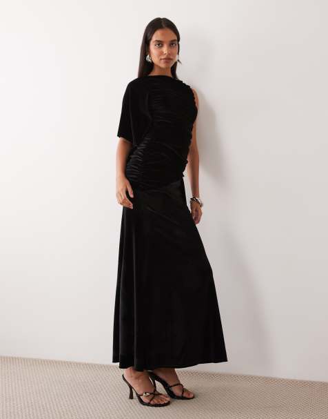 ASOS DESIGN maxikjole i søjleform med flæsedetalje i sort velour - view 1