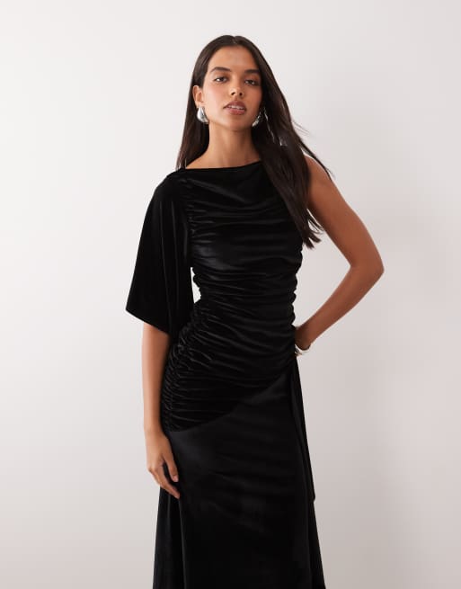 ASOS DESIGN maxikjole i søjleform med flæsedetalje i sort velour, 2 af 4