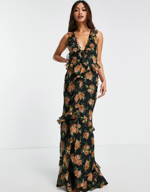 ASOS DESIGN - Maxikjole i skråsnit med flæser og knapper foran samt rosenprint