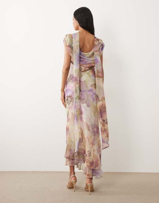 ASOS DESIGN - Maxikjole i to lag med sommerblomst-print og draperende offshoulder-design med tørklædedetalje, 4 af 4