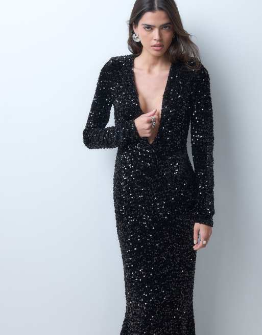 ASOS DESIGN maxikjole i velour med pailletter, dyb udskæring og skulderpuder i sort, 2 af 5