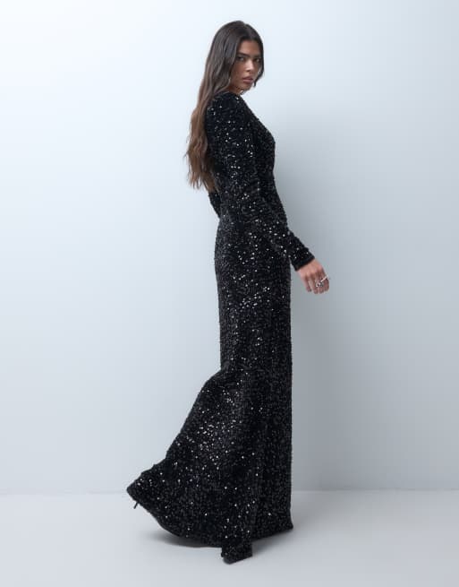 ASOS DESIGN maxikjole i velour med pailletter, dyb udskæring og skulderpuder i sort, 5 af 5