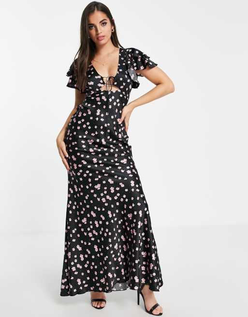 ASOS DESIGN - Maxikjole med asymmetrisk snit, flæseærmer, bindedetalje foran og småblomstret print i satin