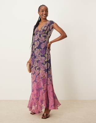 ASOS DESIGN - Maxikjole med blomsterprint med ombre-design og V-hals - view 1