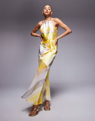 ASOS DESIGN - Maxikjole med chiffonnederdel og gule striber i satin - view 1