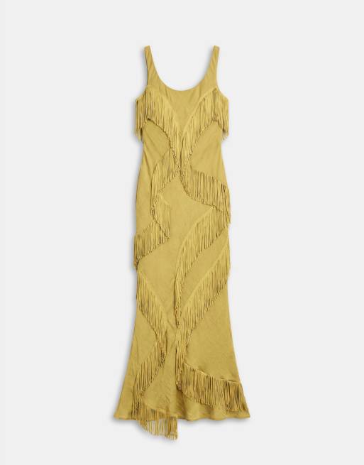 ASOS DESIGN maxikjole med dyb rund hals og asymmetrisk frynsekant i olivengrøn, 5 af 7