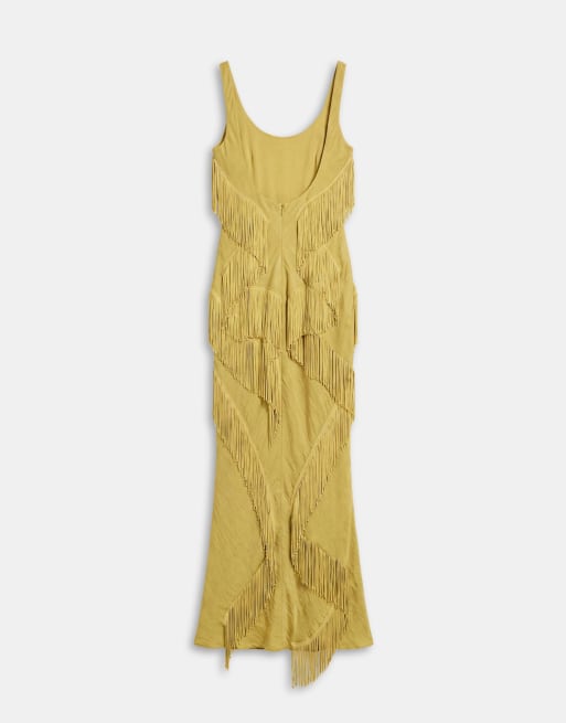 ASOS DESIGN maxikjole med dyb rund hals og asymmetrisk frynsekant i olivengrøn, 6 af 7