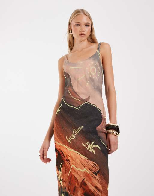 ASOS DESIGN - Maxikjole med dyb rund hals og søjlesnit samt ørken-/kaktusprint, 4 af 4