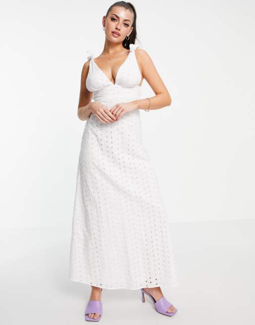 ASOS DESIGN - Maxikjole med dyb udskæring og bindebånd på skulderen i hvid med broderi, 4 af 4