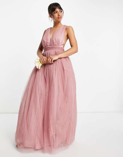 ASOS DESIGN - Maxikjole med dyb udskæring og sløjfe bagpå i rosa tyl, 3 af 4