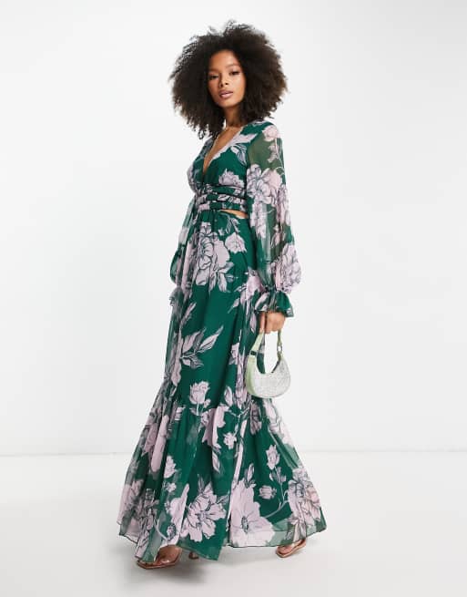 ASOS DESIGN - Maxikjole med elastisk, dyb udskæring og udskåren detalje i mørkegrønt blomstermønster