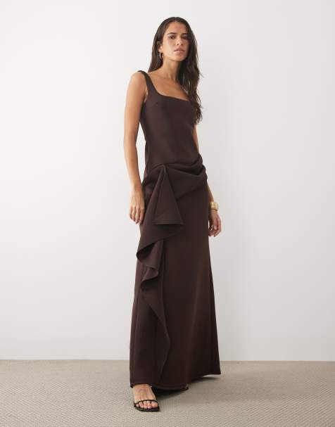ASOS DESIGN maxikjole med firkantet hals og draperet nederdel i chokoladefarvet scuba-lignende stof - view 1