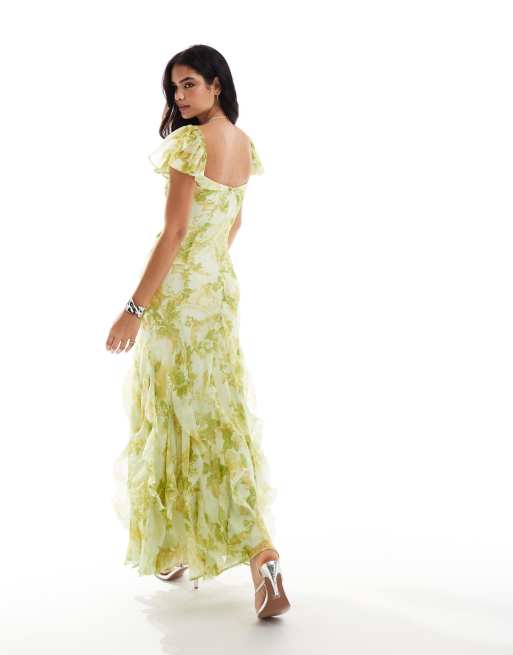ASOS DESIGN - Maxikjole med flagrende ærmer og flæser i grønt blomsterprint, 3 af 4