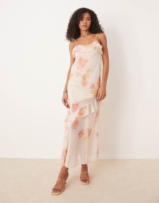 ASOS DESIGN - Maxikjole med flæser, asymmetrisk kant og vintage-blomstermønster i chiffon
