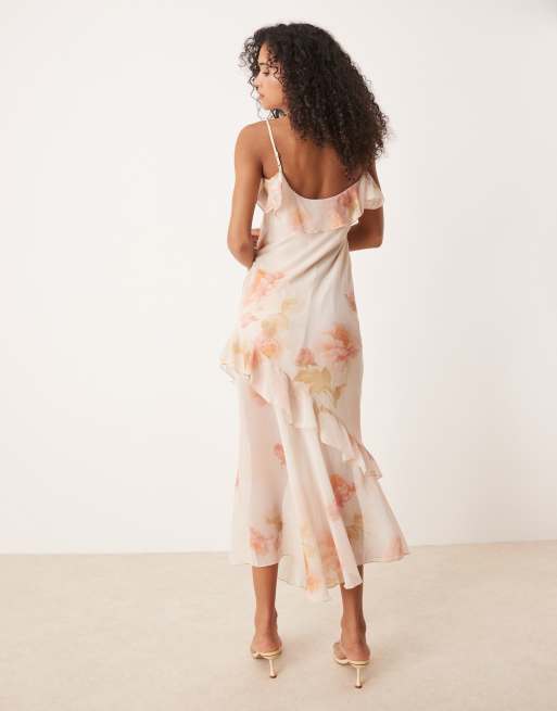 ASOS DESIGN - Maxikjole med flæser, asymmetrisk kant og vintage-blomstermønster i chiffon, 2 af 4