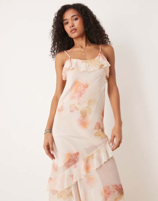 ASOS DESIGN - Maxikjole med flæser, asymmetrisk kant og vintage-blomstermønster i chiffon, 3 af 4