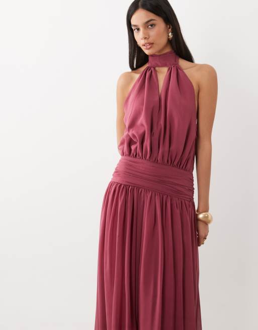 ASOS DESIGN maxikjole med halterneck og chiffon tørklædedetalje i hindbær, 2 af 4