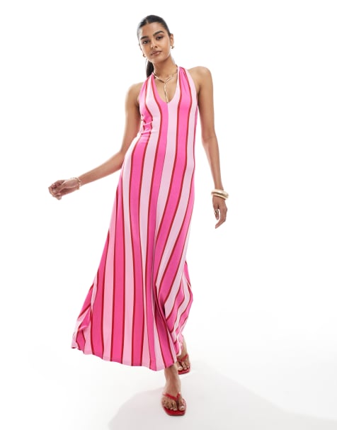 ASOS DESIGN - Maxikjole med halterneck og lyserøde striber - view 1