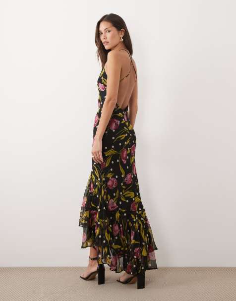 ASOS DESIGN - Maxikjole med havfruesnit og tynde stropper samt flæser og mørkt blomsterprint - view 1